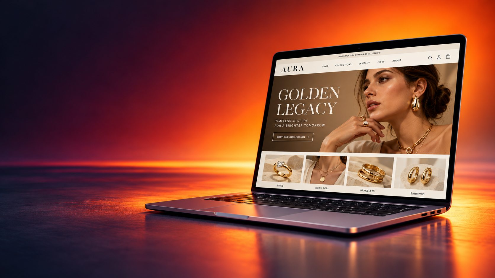 Laptop showing an ecommerce storefront against an orange glow