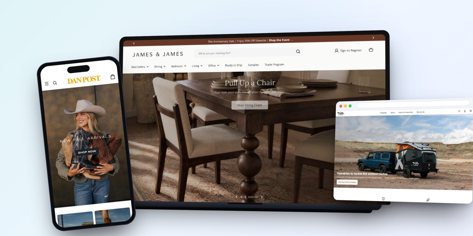 Shopify storefronts built by Good Work shown on a laptop, a phone, and a browser window