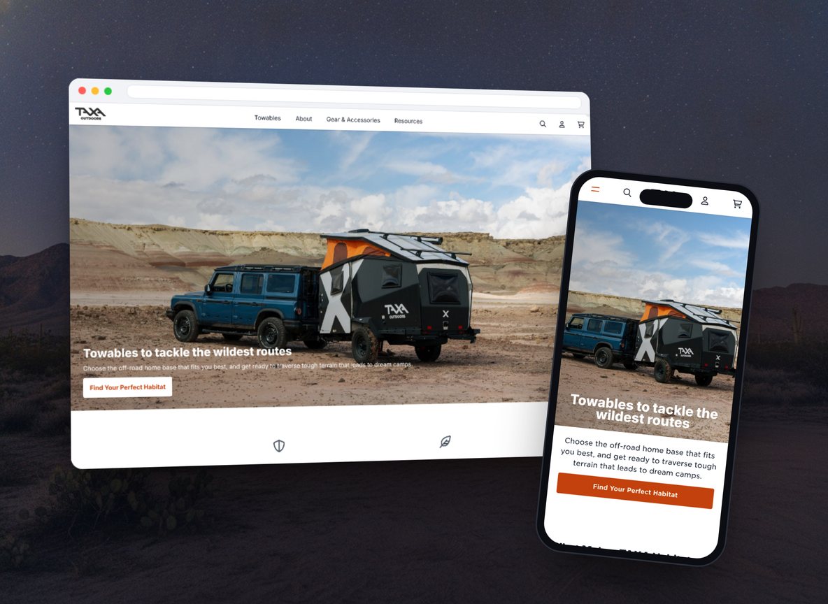 Compact adventure camper trailer with a pop-up roof at a high-desert campsite at dusk