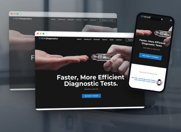 Diagnostics company website shown in cascading browser windows and on a phone, over a lab bench