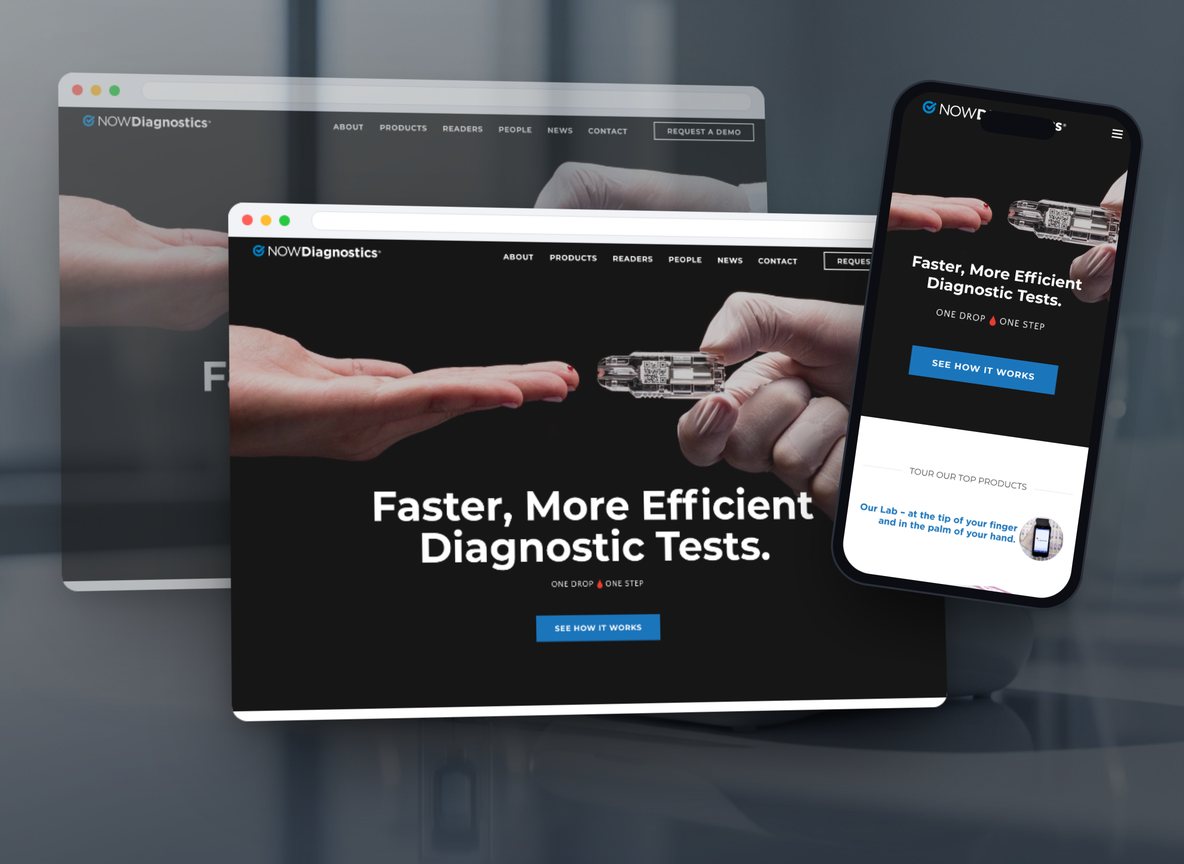 Diagnostics company website shown in cascading browser windows and on a phone, over a lab bench