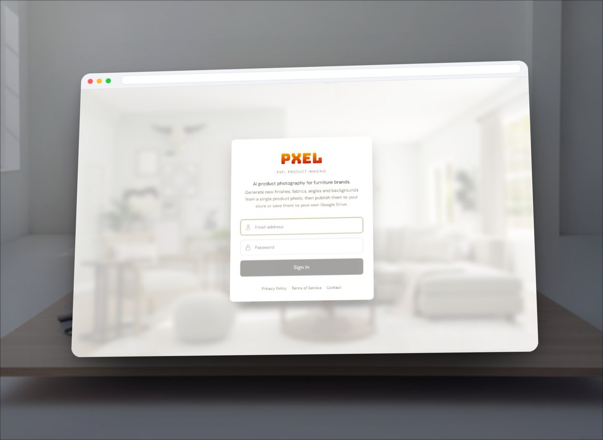 Sign-in screen of a product-imaging web app floating in front of a bright furniture studio