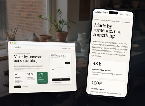 Marketplace homepage shown on a laptop browser window and a phone, on a maker's workbench