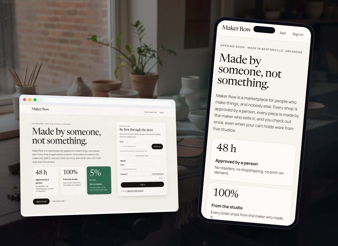 Marketplace homepage shown on a laptop browser window and a phone, on a maker's workbench