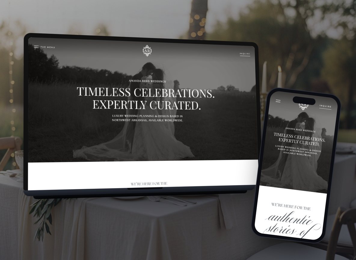 Wedding planner website shown on a laptop and a phone beside a candlelit reception table